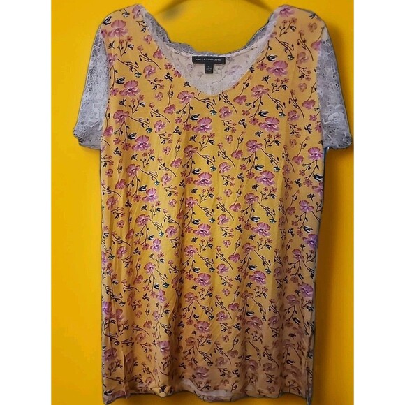 Kate & Mallory Yellow Floral Round Neck Lace Pullover Blouse Large New B7 Nice - Picture 1 of 6